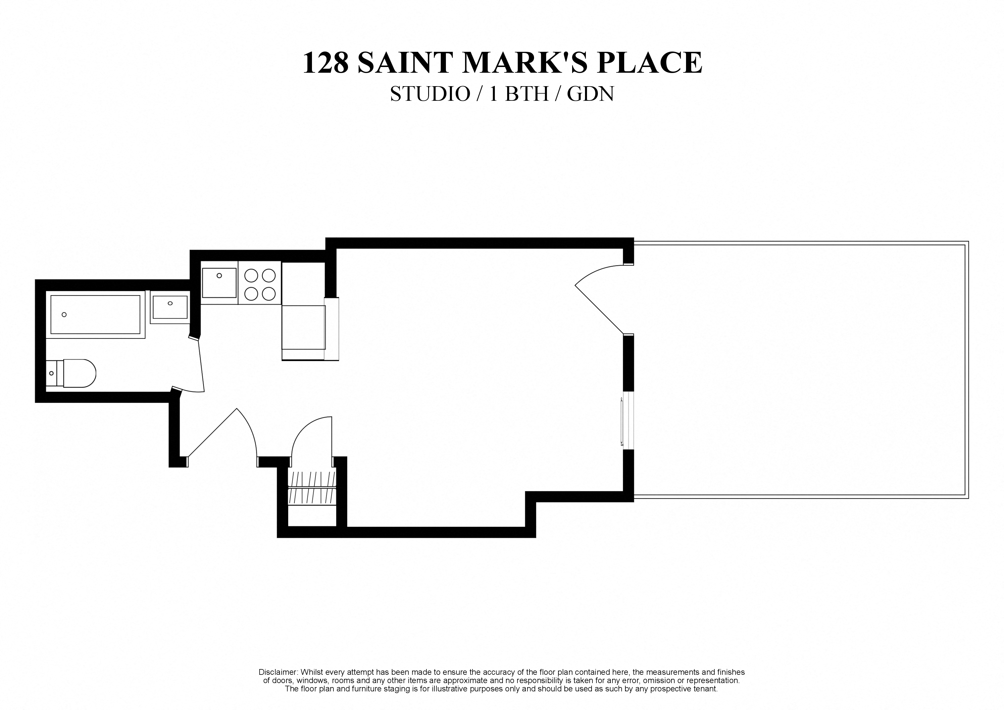 Floor plan for studio, 1 bath, 200 sqft